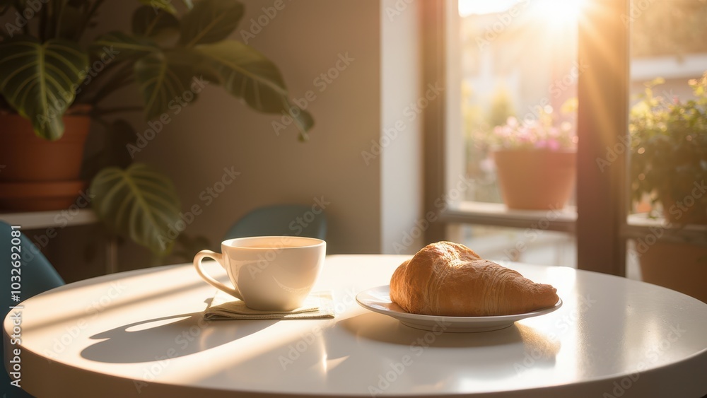 Elegant Café Scene with Coffee and Croissant Elegant Café Scene with Coffee and Croissant