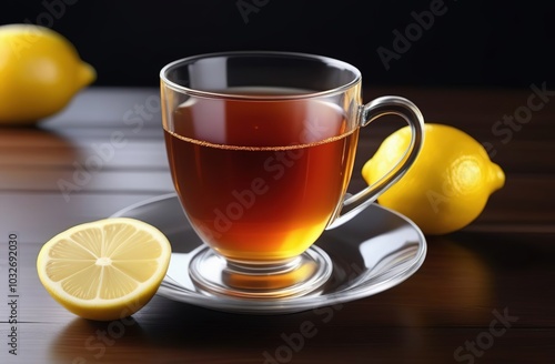 A steaming cup of tea in a glass mug with fresh mint leaves, placed on a wooden table in a cozy kitchen setting