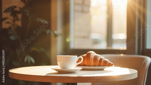 Upscale Cafe Scene with Coffee and Croissant