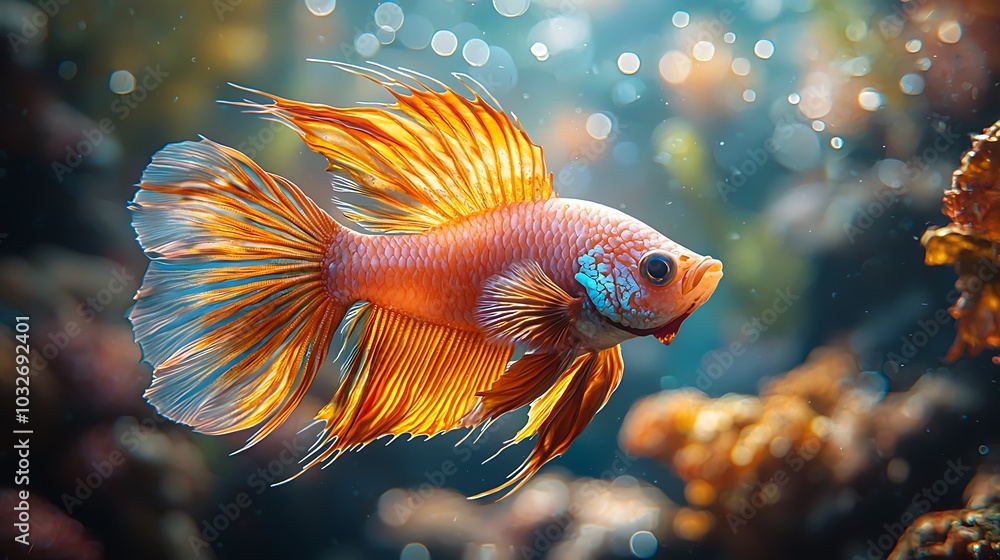 A vibrant orange and blue betta fish with long flowing fins swims through a tank. A vibrant orange and blue betta fish with long flowing fins swims through a tank.