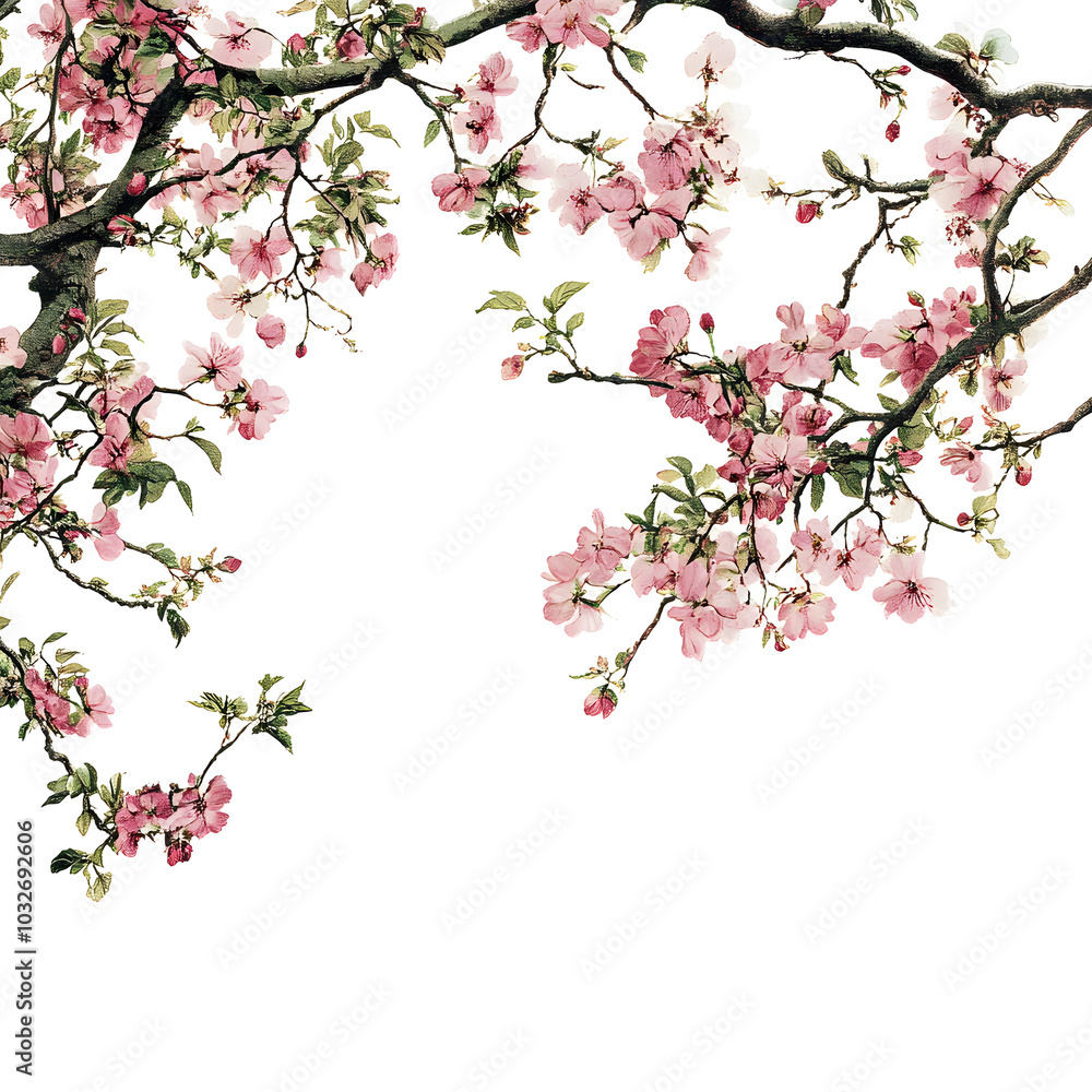 Fototapeta premium Beautiful Cherry Blossom Branches on White Background , Delicate Pink Flowers, Spring, Nature, Floral Art, Botanical Illustration, Tranquil Scenery, Blooming Sakura, Zen Aesthetic