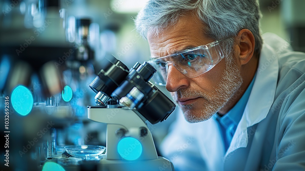 Scientist examining samples under a microscope. Scientist examining samples under a microscope.