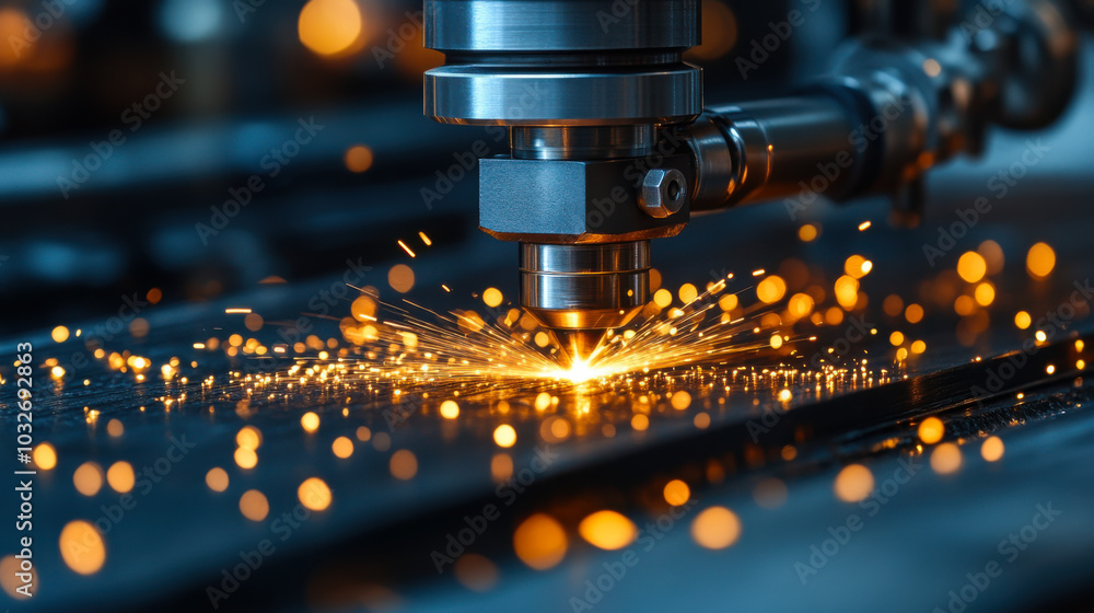 Laser cutting sparks fly during precision metalwork in an industrial workshop setting at dusk Laser cutting sparks fly during precision metalwork in an industrial workshop setting at dusk