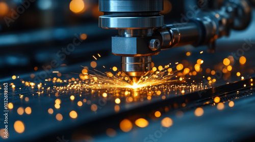 Laser cutting sparks fly during precision metalwork in an industrial workshop setting at dusk