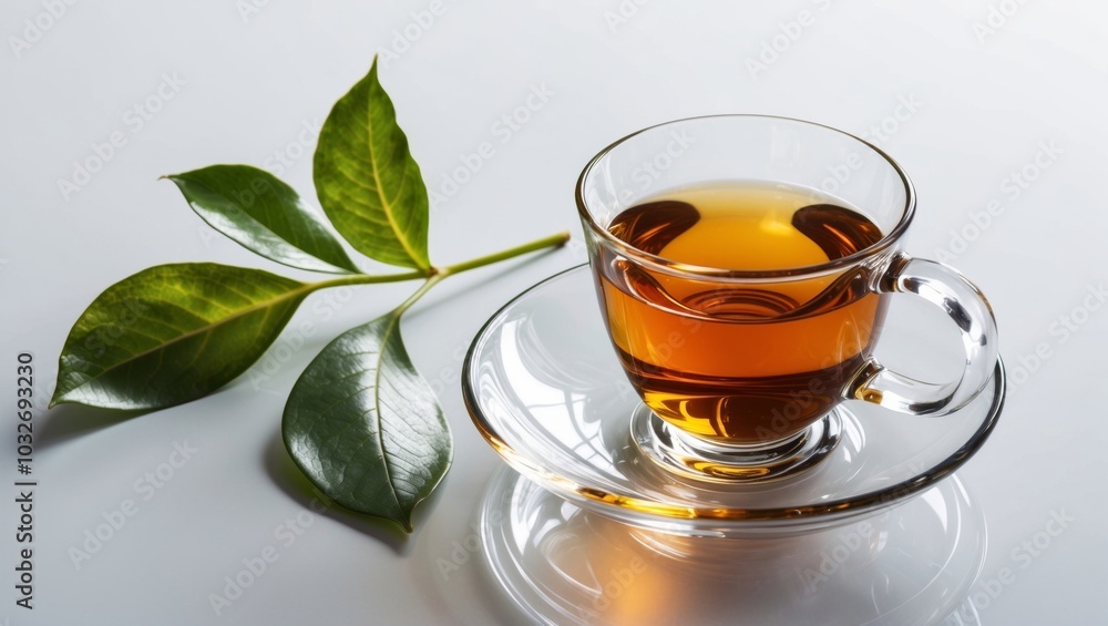 Elegant glass teacup with amber tea Elegant glass teacup with amber tea