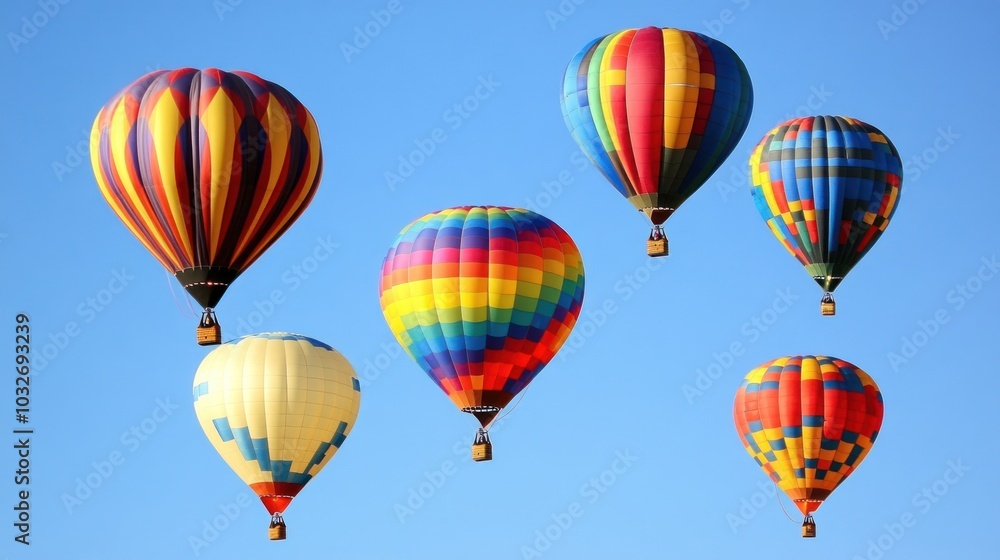 A vibrant display of colorful hot air balloons soaring against a clear blue sky. A vibrant display of colorful hot air balloons soaring against a clear blue sky.