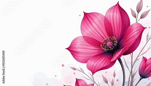 Fuchsia and silver flower on white background Rich watercolor floral pattern ideal for elegant greeting cards wedding invitations and posters with customizable design space. #1032693449