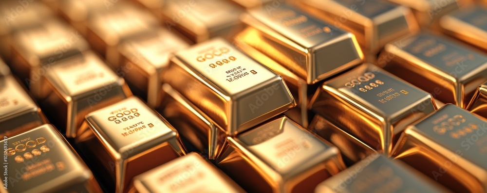 Stacked gold bars with purity engravings in close-up, symbolizing wealth and investment Stacked gold bars with purity engravings in close-up, symbolizing wealth and investment