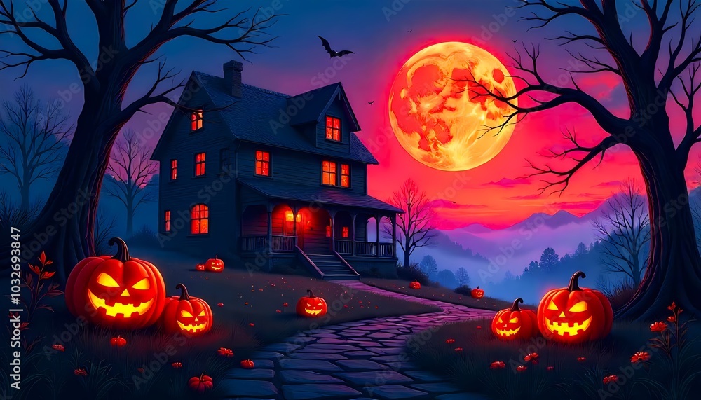 Halloween Scene With Pumpkins On A Full Moon Night Halloween Scene With Pumpkins On A Full Moon Night