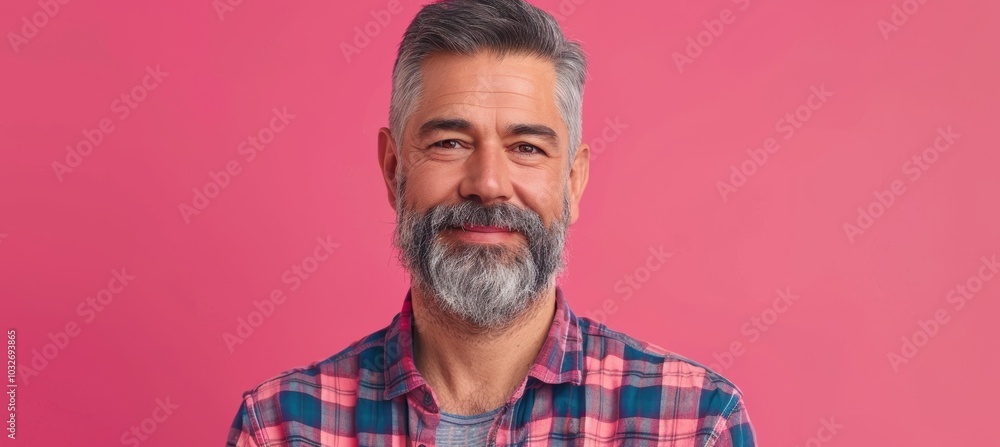 Warm and Friendly Middle-Aged Man in Plaid Shirt Against Vivid Pink Background Warm and Friendly Middle-Aged Man in Plaid Shirt Against Vivid Pink Background