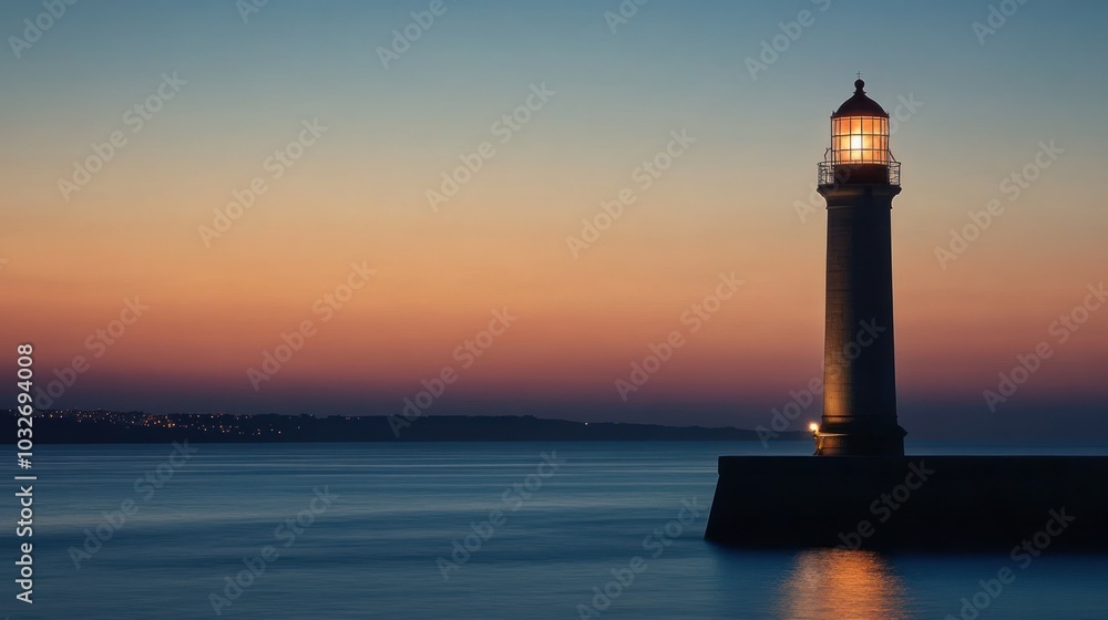 A serene lighthouse stands by the calm sea at dusk, guiding ships with its light. A serene lighthouse stands by the calm sea at dusk, guiding ships with its light.