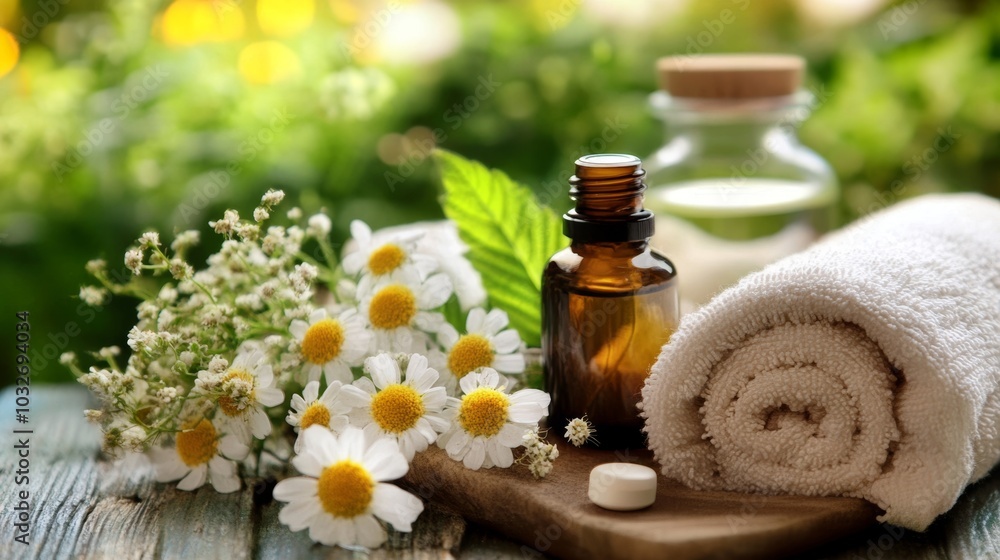 Spa essentials with daisies, essential oils, and rolled towel in a natural setting Spa essentials with daisies, essential oils, and rolled towel in a natural setting