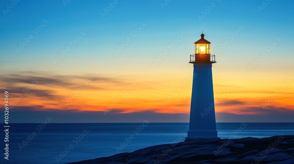 A lighthouse stands tall against a vibrant sunset over the ocean, guiding ships safely. A lighthouse stands tall against a vibrant sunset over the ocean, guiding ships safely.
