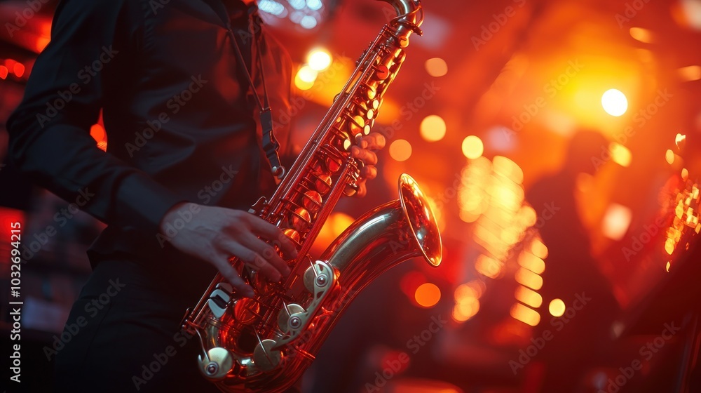 Obraz premium A musician playing a saxophone in a vibrant, illuminated setting.