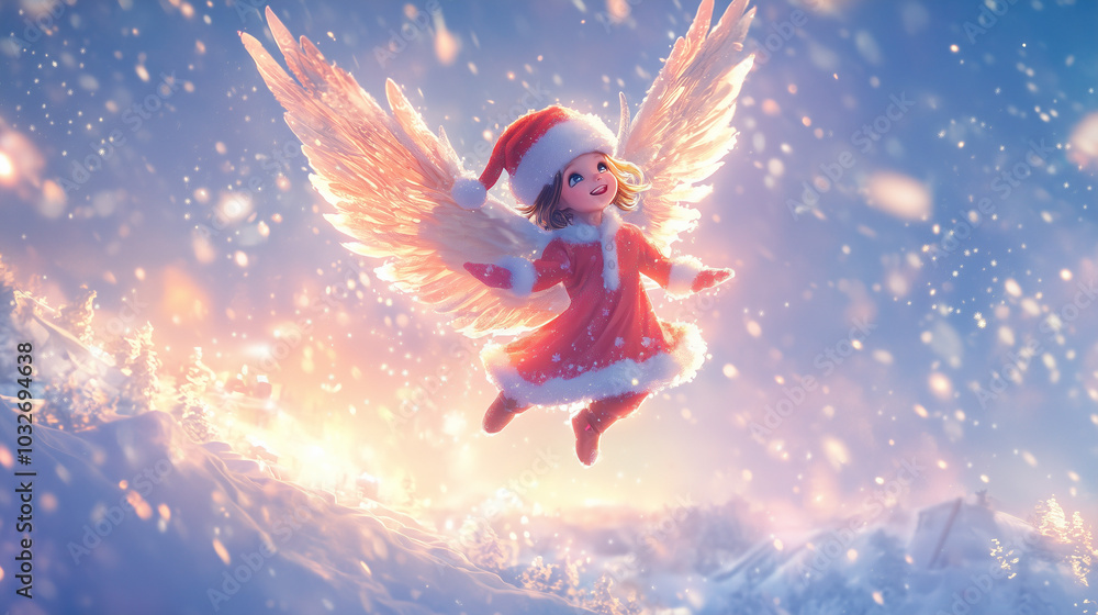 Child angel with Santa hat flying. Child angel with Santa hat flying.