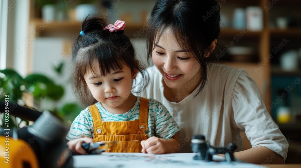 Young mother teaching toddler photography basics at home. Young mother teaching toddler photography basics at home.