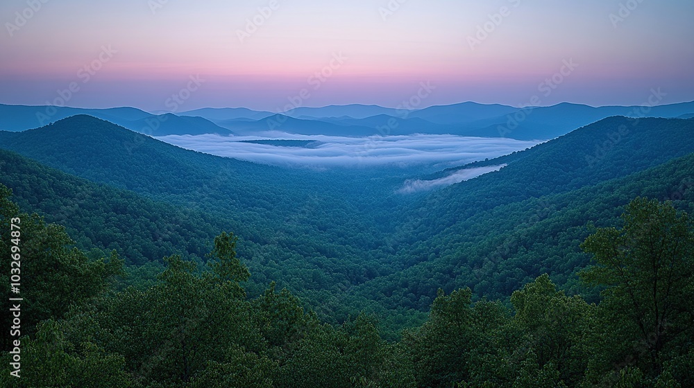 Serene mountain landscape at dawn with fog. Serene mountain landscape at dawn with fog.