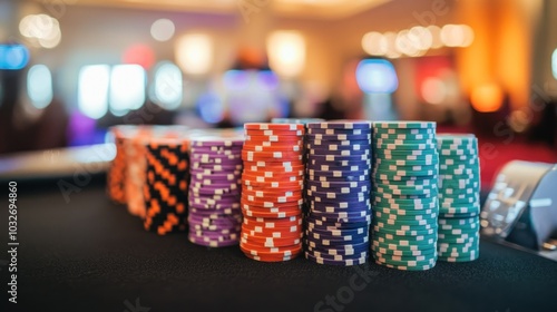 A close-up of colorful poker chips stacked on a casino table, suggesting a gaming atmosphere.