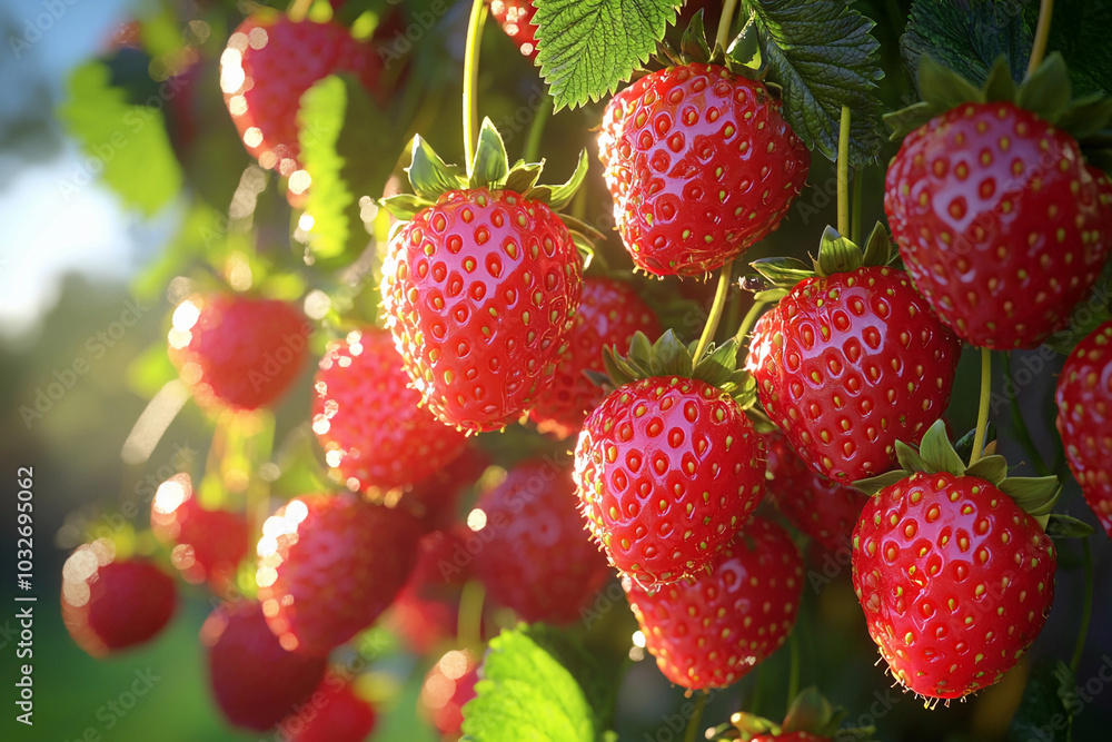 Freshly ripened strawberries growing in sunlight on a farm Freshly ripened strawberries growing in sunlight on a farm