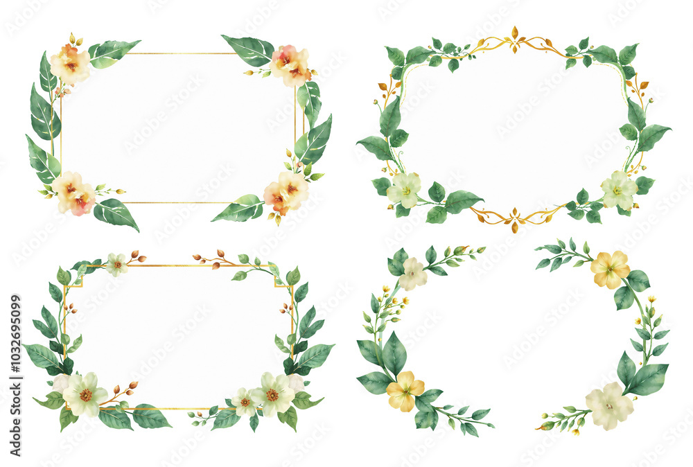 watercolor invitation frames with deep green and gold, stylish flowers and taro leaves, stylized paint, brush stroke art, white background watercolor invitation frames with deep green and gold, stylish flowers and taro leaves, stylized paint, brush stroke art, white background