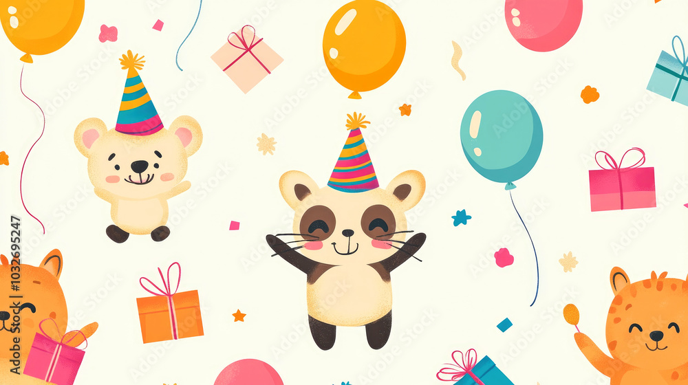 Naklejka premium Cute animals celebrating a happy birthday with balloons and gifts in a colorful and playful pattern