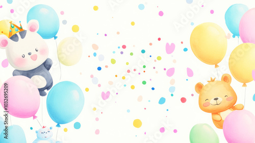 Colorful birthday banner with playful cartoon animals, balloons, and confetti for joyful celebrations
