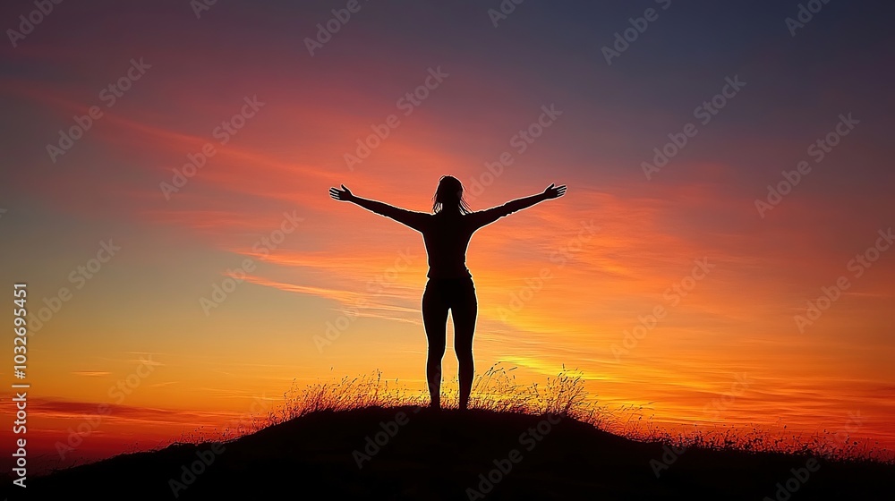 Silhouette of a person against a colorful sunset. Silhouette of a person against a colorful sunset.