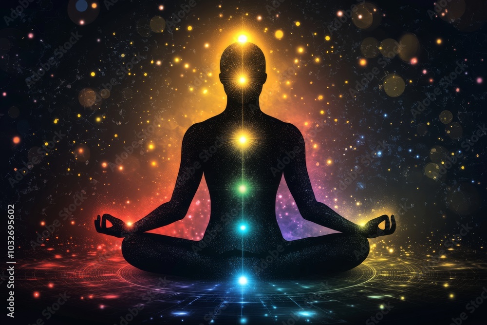 Glowing silhouette of a meditative figure surrounded by radiant chakras symbolizing spiritual awakening energy balance and transcendence Glowing silhouette of a meditative figure surrounded by radiant chakras symbolizing spiritual awakening energy balance and transcendence