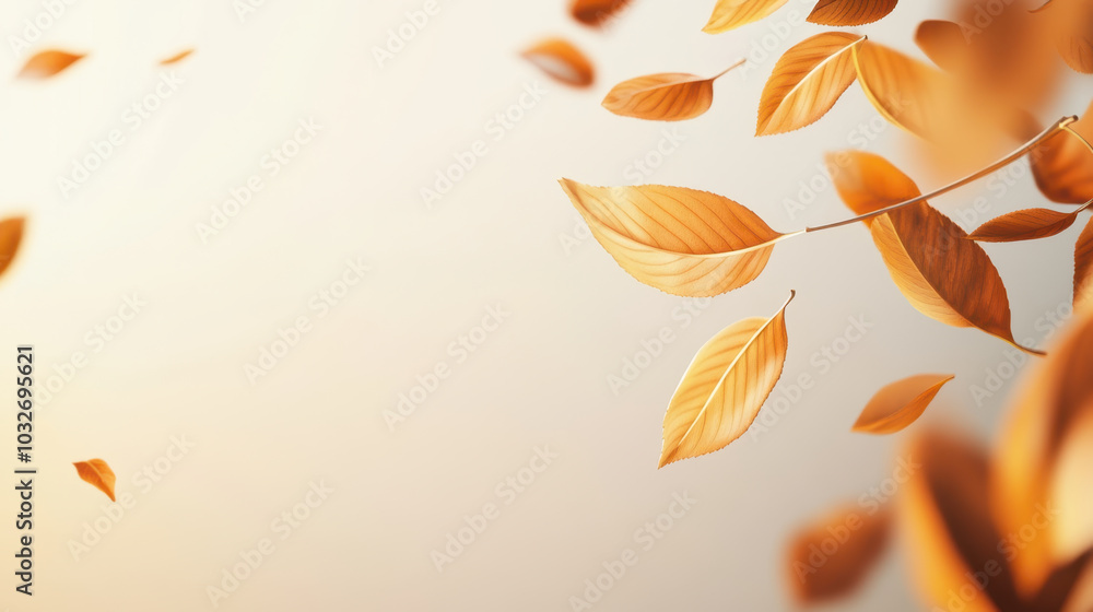 Soft and minimal autumn wallpaper featuring golden leaves gently floating against light background, evoking serene and peaceful atmosphere Soft and minimal autumn wallpaper featuring golden leaves gently floating against light background, evoking serene and peaceful atmosphere