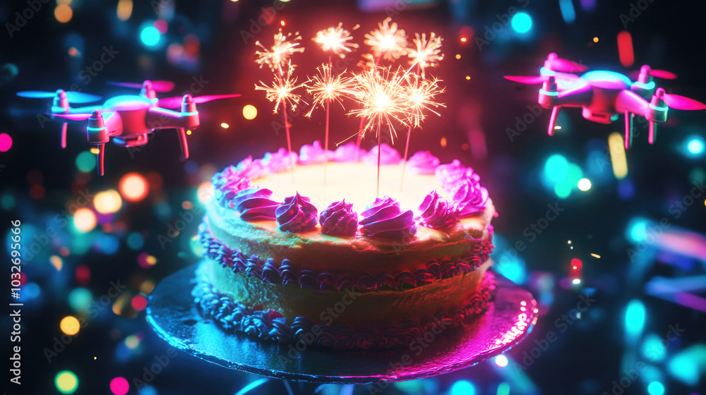 Futuristic birthday cake featuring holographic sparklers and colorful floating drones at a high-tech celebration Futuristic birthday cake featuring holographic sparklers and colorful floating drones at a high-tech celebration