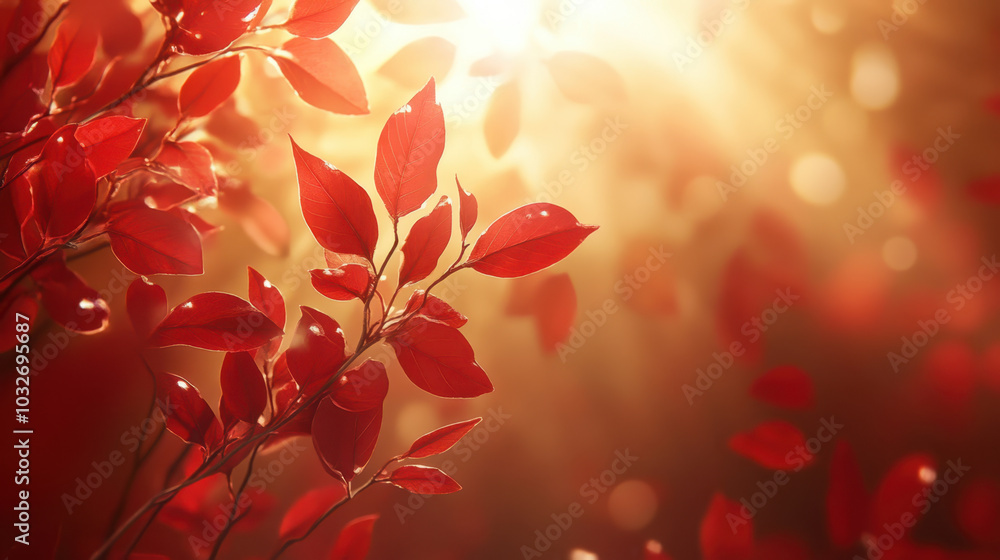 Vibrant red leaves illuminated by soft autumn sunlight create warm and inviting atmosphere, showcasing natures beauty in serene setting Vibrant red leaves illuminated by soft autumn sunlight create warm and inviting atmosphere, showcasing natures beauty in serene setting