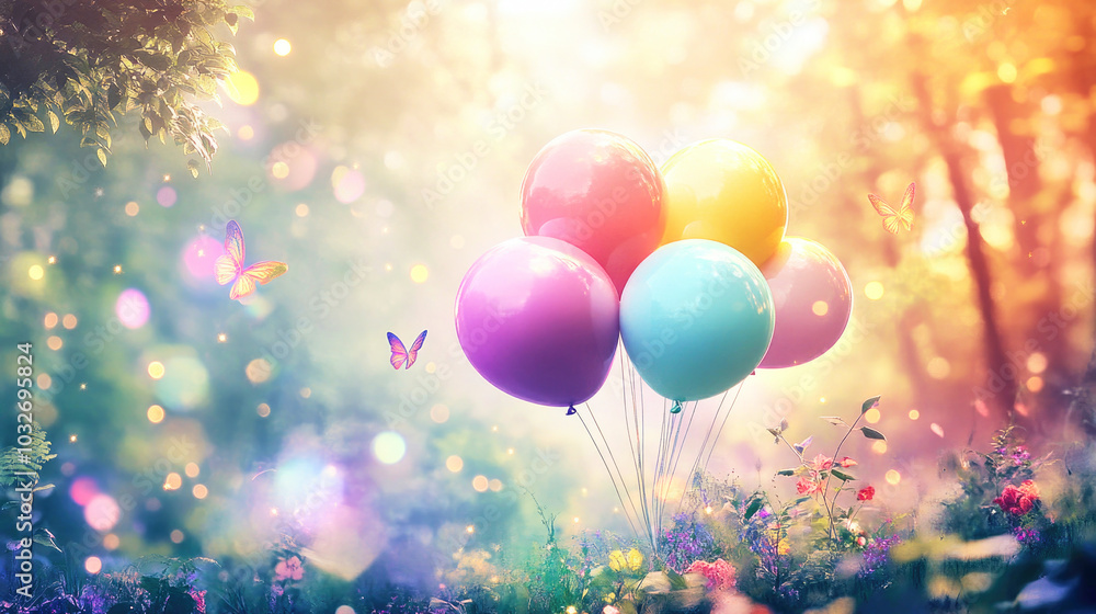Giant rainbow-colored birthday balloons float in a magical forest filled with sparkles and glowing fireflies Giant rainbow-colored birthday balloons float in a magical forest filled with sparkles and glowing fireflies