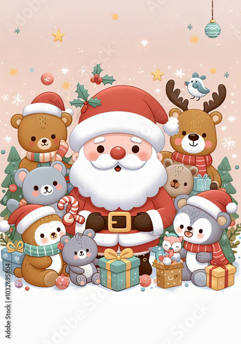 Vertical New Year card. Santa Claus and forest animals, cartoon characters