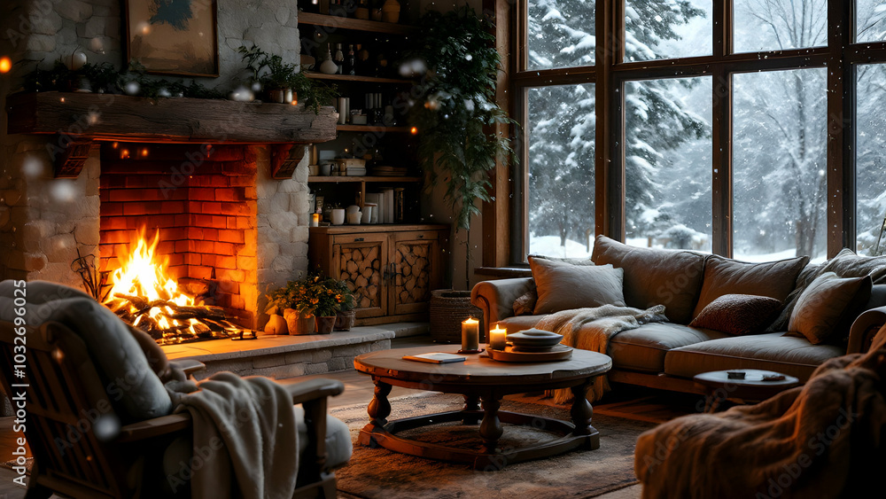 Cozy Winter Living Room with Fireplace and Snowy Views Cozy Winter Living Room with Fireplace and Snowy Views