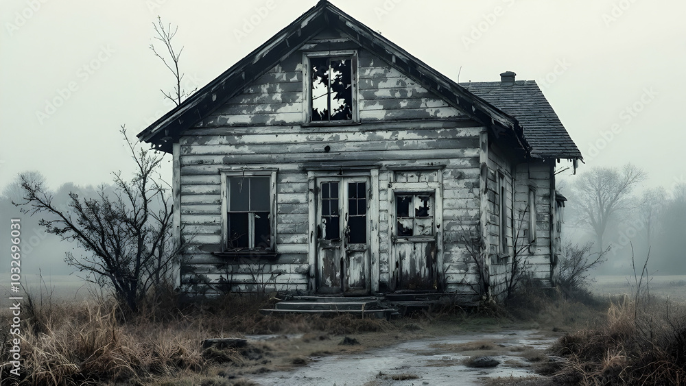 Abandoned House in Foggy Landscape Abandoned House in Foggy Landscape
