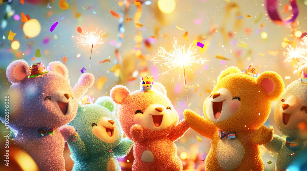 Plush toy animals joyfully celebrate a birthday with sparklers and colorful confetti in a vibrant atmosphere Plush toy animals joyfully celebrate a birthday with sparklers and colorful confetti in a vibrant atmosphere