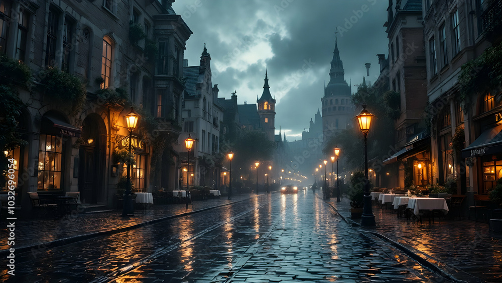 Atmospheric Rainy Street Scene at Dusk Atmospheric Rainy Street Scene at Dusk