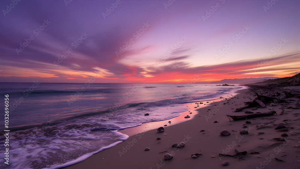 Fototapeta premium Serene Sunset Over Tranquil Beach Landscape