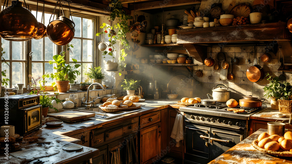 Rustic Kitchen with Natural Light and Fresh Ingredients Rustic Kitchen with Natural Light and Fresh Ingredients