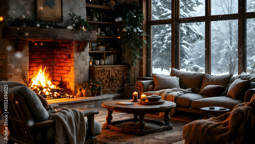 Wallpaper Mural Cozy Winter Living Room with Fireplace and Snowy Views Torontodigital.ca