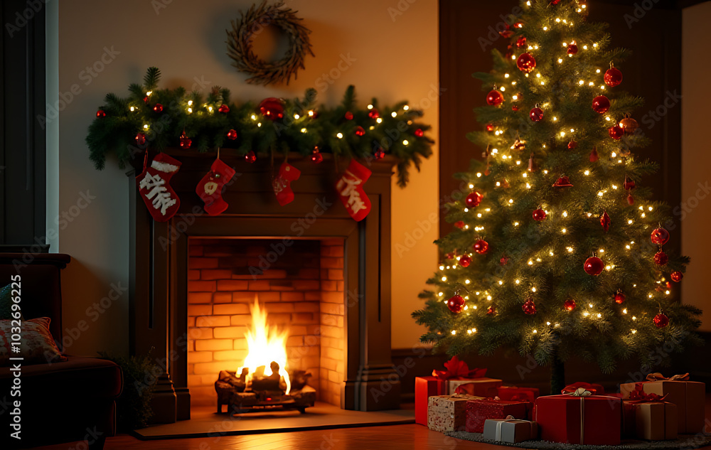 christmas scene features decorated tree near warm fireplace cozy christmas scene features decorated tree near warm fireplace cozy