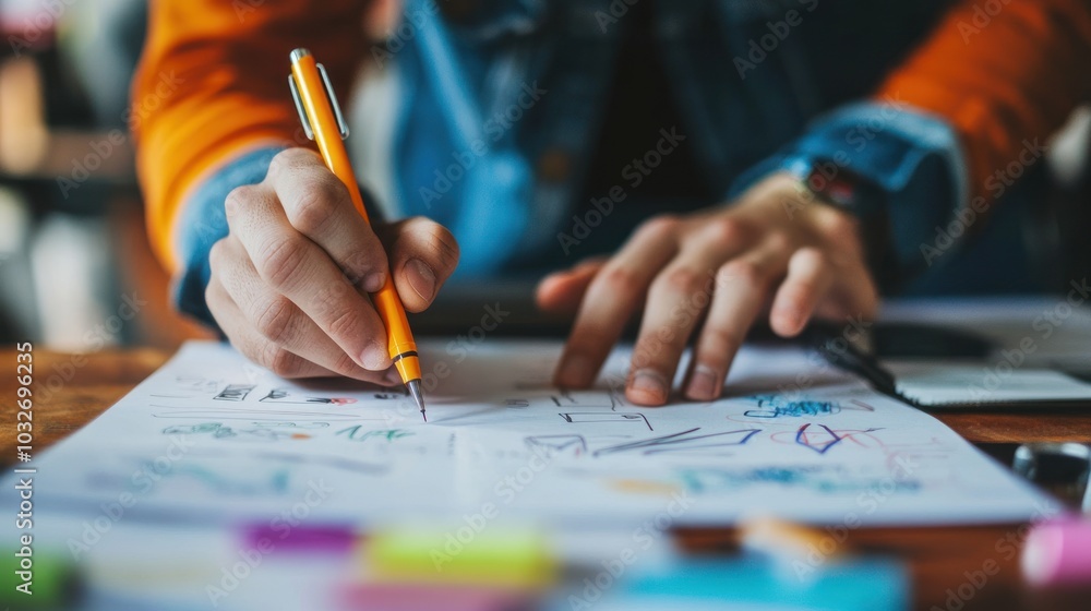 A person sketches ideas on paper with colorful markers and a pen, illustrating creativity. A person sketches ideas on paper with colorful markers and a pen, illustrating creativity.