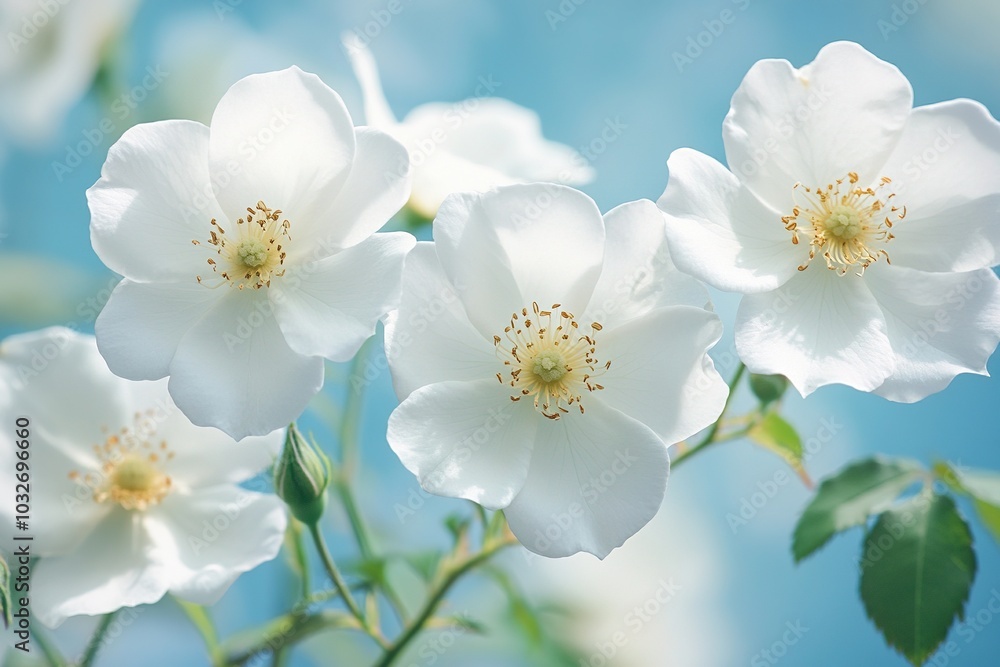 Spring Banner with White Flowers Against Blue Sky, Wild Roses in Full Bloom, High-Resolution Close-Up Photo with Copy Space Spring Banner with White Flowers Against Blue Sky, Wild Roses in Full Bloom, High-Resolution Close-Up Photo with Copy Space