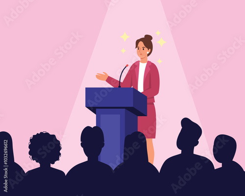 Vector illustration of speaker speech.Cartoon scene of a woman dressed in a business suit, standing behind a podium, speaking in front of an audience isolated on a pink background.A politician speaks.