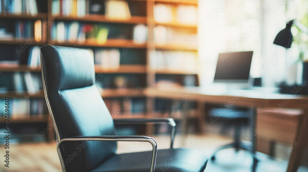 A dreamy, all-blurred shot of a modern home office with a stylish desk and chair in soft focus and muted colors A dreamy, all-blurred shot of a modern home office with a stylish desk and chair in soft focus and muted colors