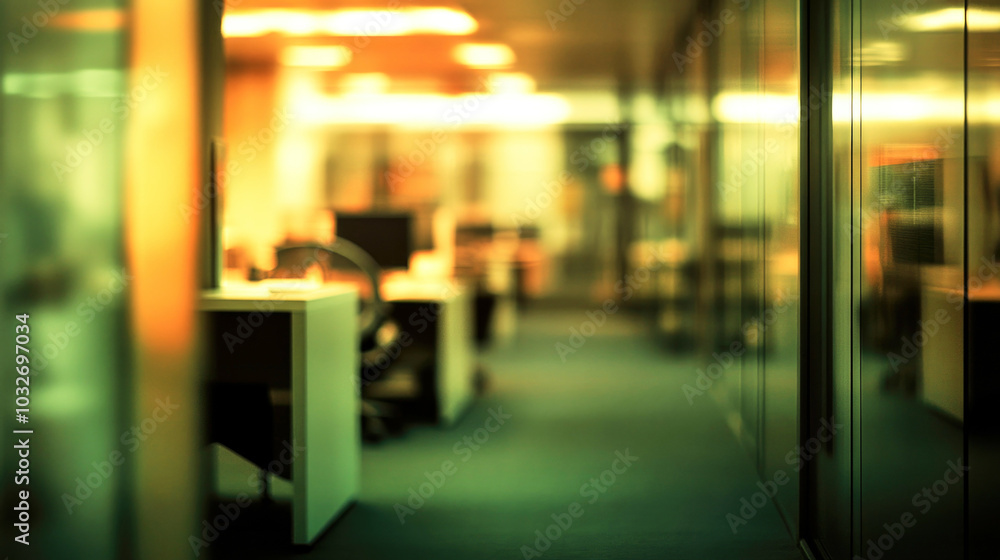 Blurry office cubicles and desks create an ethereal atmosphere in a corporate workspace with warm lighting Blurry office cubicles and desks create an ethereal atmosphere in a corporate workspace with warm lighting