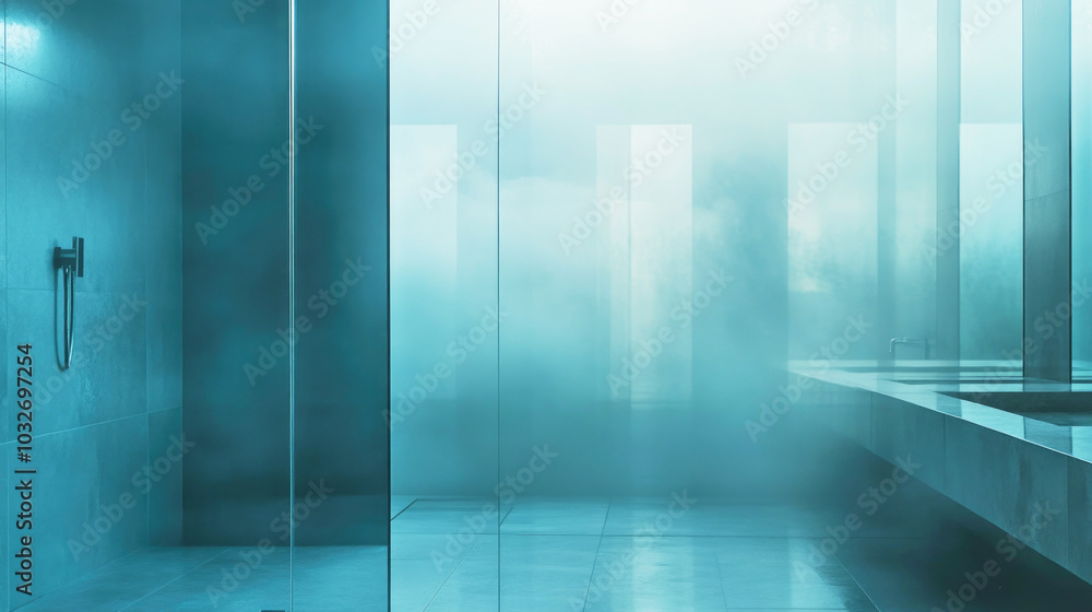 Obraz premium Spacious bathroom with misted glass shower and soft light reflections in a serene atmosphere