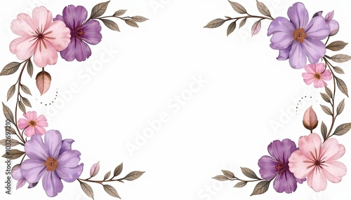 Lavender and rose gold flower on white background Romantic watercolor floral frame for enchanting greeting cards wedding invitations posters or banners with ample design space.