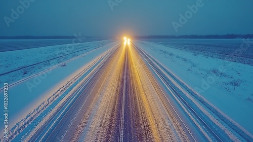 Snowy road with headlights illuminating the path.