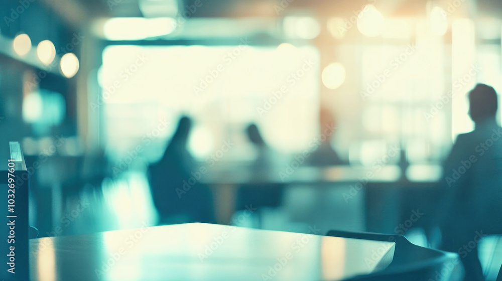 Blurry office environment featuring abstract shapes and muted colors in a modern workspace with distant people Blurry office environment featuring abstract shapes and muted colors in a modern workspace with distant people